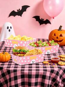 20pcs/40pcs/60pcs Halloween Pink Ghost Paper Food Tray, Pink "Boo" Ghost Pattern Disposable Paper Boat Trays Snack Serving Containers For Halloween Parties, Birthdays, And Day Of The Dead Celebrations - Multicolor - View 4