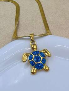 1pc Ocean Beach Style Women's Necklace, Stainless Steel Blade Chain Blue Sea Turtle Pendant Necklace Jewelry, Fashion Minimalist Suitable For Daily Wear, Vacation, Layering Accessory - Multicolor - View 2