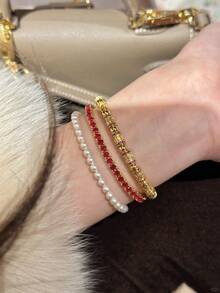 1pc Stainless Steel European & American Style Niche INS Premium Letter O Bracelet For Women, Versatile Commuter Bracelet - Sparkling Ruby Bracelet - View 3