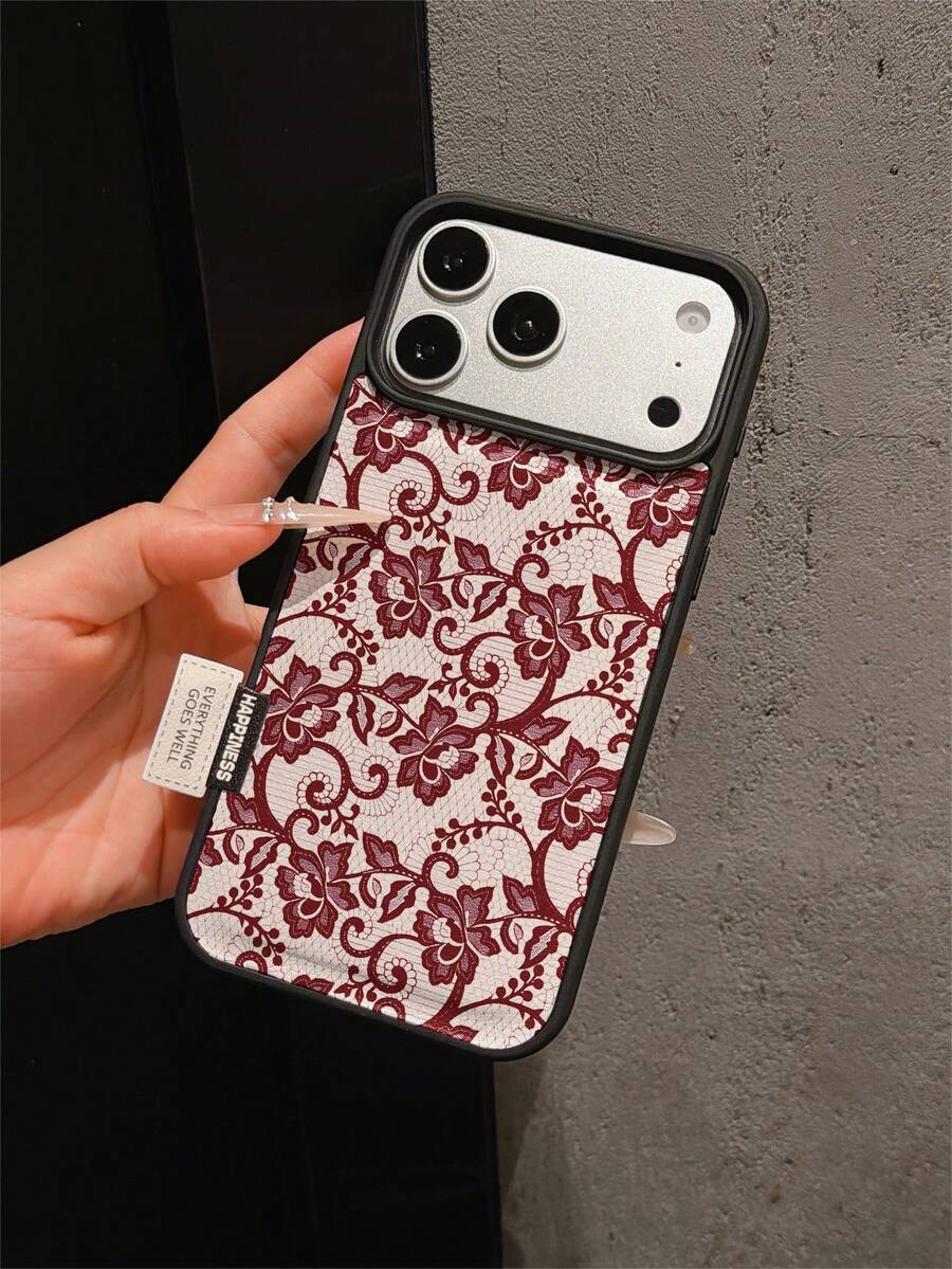1pc Premium Fashion Full-Screen Personalized Red Lace Floral Pattern Phone Case, Full Coverage Shockproof Soft Shell With Large Camera Hole, Compatible With Apple 17 Pro Max/11/12/13/14/15/16 Pro Max/17 And Other Models, Holiday Gift - Multicolor - View 1
