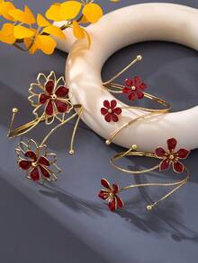 1pc/3pcs Vintage Burgundy Oil Drop Flower Adjustable Open Cuff Bracelet Arm Decor Armlet - Burgundy - View 3
