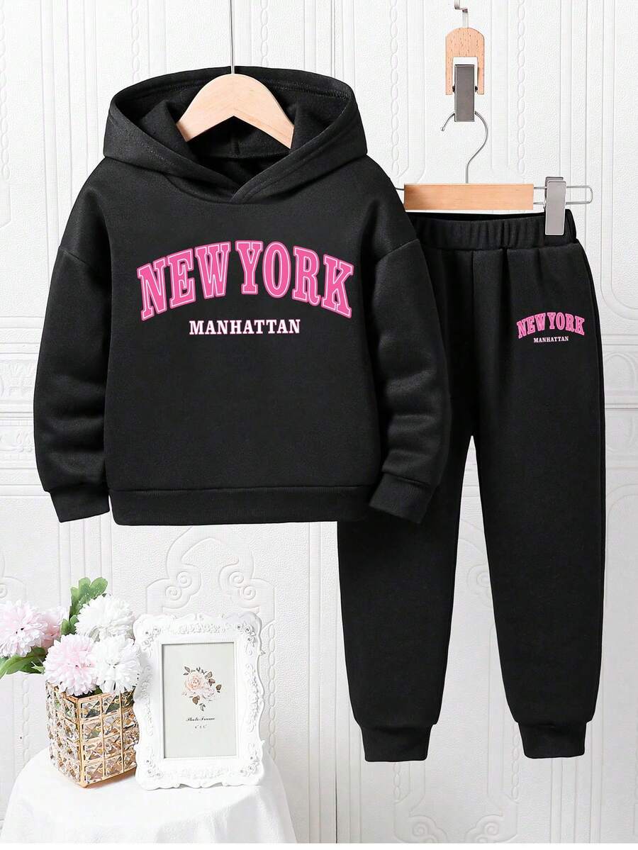 2pcs/Set Girls Letter Print Warm Hoodie And Sweatpants Set - Black - View 1