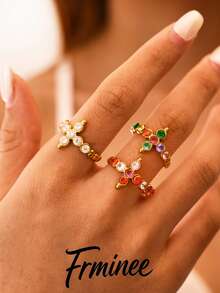 Frminee 3pcs/1pc 18k Gold Color Women's Cross Stainless Steel Open Ring, Luxury Waterproof Women's Jewelry Accessory, Suitable For Daily Wear - Multicolor - View 2
