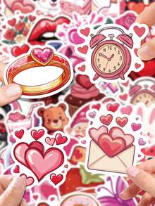 50 Peças Adesivos Decorativos de PP Vermelho para o Dia dos Namorados, Ilustrações Feitas à Mão de Corações, Caixas de Presente, Câmeras, Rosquinhas e Gatos, Para Colagem de Diário, Cartão Kuka, Garrafa de Água, Bagagem, Decoração DIY do Dia dos Namorados, Suprimentos Escolares, Volta às Aulas - Multicolorido - Visão 4