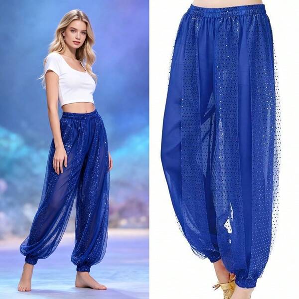 1pc Women's Adult Dance Costume Sequin Loose Pants Belly Dance Chiffon Lantern Pants For Stage Performance And Dance Practice With Waist Chain And Hip Scarf
