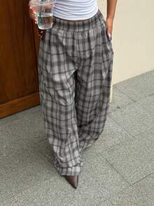 Women's Grey Plaid Wide Leg Pants High Waist Loose Casual Long Pants Retro Street Style Daily Wear Autumn Bottoms - Grey - View 2