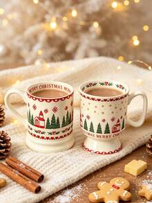1pc Aesthetic Vintage Christmas Ceramic Mug, Retro Footed Hot Chocolate Coffee Cup With Tree & Reindeer Pattern, Festive Xmas Gift Drinkware - Christmas Ceramic Mug - View 4