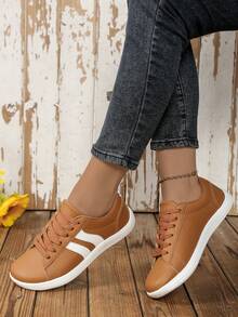 Women's Plus Size Wide Toe Box Minimalist Faux Leather Sports Shoes With Side Double Stripe Decor, Front Lace-Up Barefoot Style, Suitable For Outdoor Sports - Brown - View 5