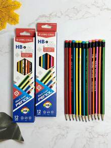 12支彩色條紋黑色HB鉛筆附橡皮擦，六角鉛筆易握手感，學生學習與考試專用鉛筆，學生文具鉛筆套組，開學文具用品 - 彩色 - 查看 1