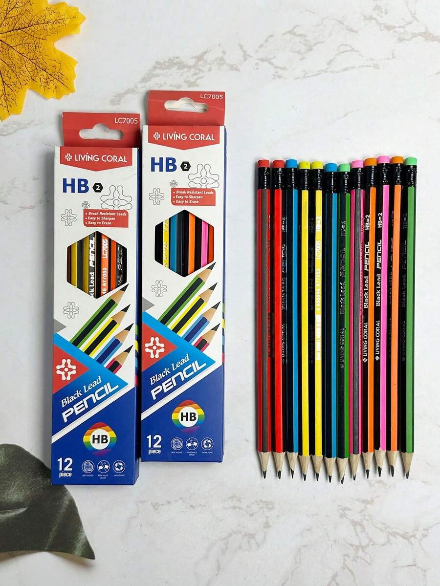 12支彩色條紋黑色HB鉛筆附橡皮擦,六角鉛筆易握手感,學生學習與考試專用鉛筆,學生文具鉛筆套組,開學文具用品 - 彩色 - 查看 1