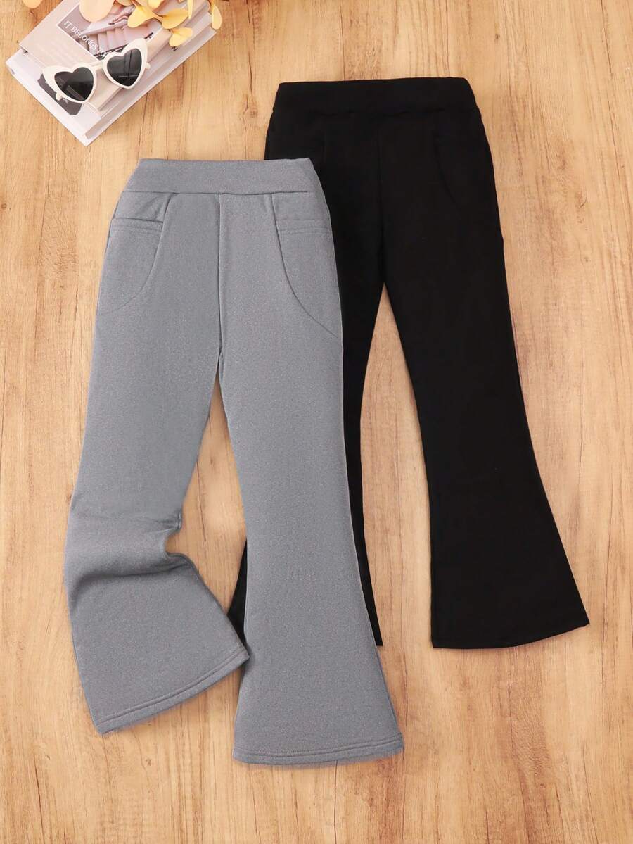 Purechapter 2pcs/Set Celana Panjang Kasual Anak Perempuan Tween Berlapisan Termal Warna Polos Pinggang Tinggi Elastis Model Flare dengan Kantong, Cocok untuk Pakaian Sehari-hari, Musim Gugur/Dingin - MultiWarna - View 1