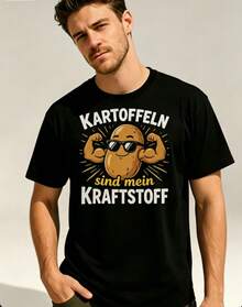 Men's "Strong Potato Power" ,Printed Tees,Classic Clothing With Fun Slogans,Retro Men's Tees,Graphic Tees,Casual Outfits - 黑色 - 查看 1