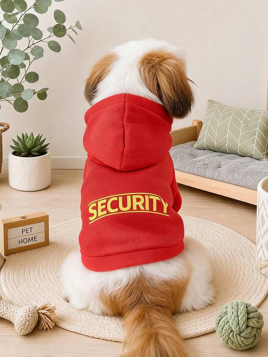 PETCIRCLE 1件裝寵物小狗幼犬可愛防風保暖連帽衛衣,簡約素色字母印花系列,黃色 SECURITY + 深紅色素色衛衣 - 紅色 - 查看 1