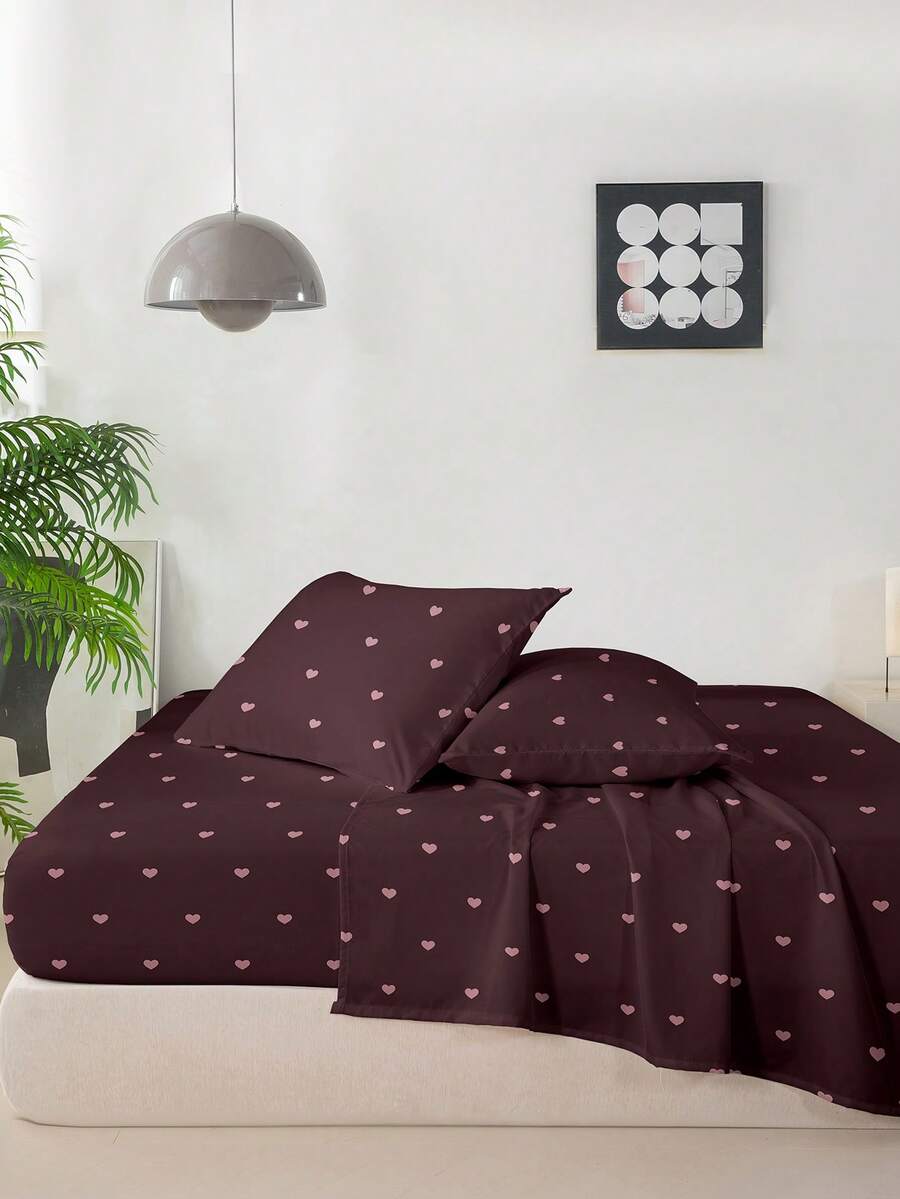 4Pcs Little Heart Print Sheet Set,1 Fitted Sheet,1 Flat Sheet & 2 Pillowcases,Soft Skin-Friendly Breathable Bedding Set,Comfortable Machine Washable Mattress Protector,Easy-Care All-Season Bedroom Decor For King Queen Full Twin Size Home Bedding Set - Multicolor - View 1