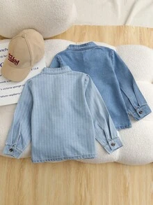 2pcs/Set Versatile Solid Color Stand Collar Striped Long Sleeve Denim Shirt For Boys, Street Style Minimalist Denim Top, Spring/Autumn Kids Denim Shirt - Multicolor - View 2