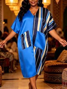 AOMEI Elegant African Style Women's Color-Block Satin Striped Midi Bubu Dress, Loose Fit With Pockets, Perfect For Church And Formal Occasions - Navy Blue - View 4