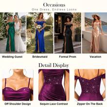 MIUSOL Elegant Women's Off Shoulder Sequin Lace Satin Maxi Dress With Side Slit, Ruffle Ruched Slim Fit Evening Gown For Formal Wedding , Graduation - 金色 - 查看 7