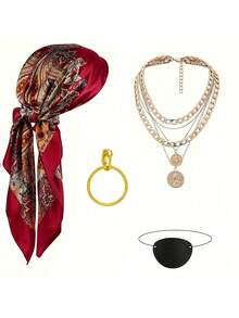 5pcs Pirate Costume Accessories Set, Including Pirate Bandana, Pirate Belt, Necklace, Eye Patch And Earrings, Suitable For Role Play, Party, Halloween And Other Occasions. - Multicolor - View 16