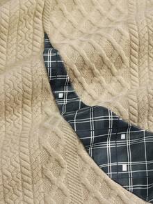 Men's Diamond Jacquard Notch Neck Sweatshirt, Contrast Plaid Splicing Long Sleeve Casual Pullover - Khaki - View 9