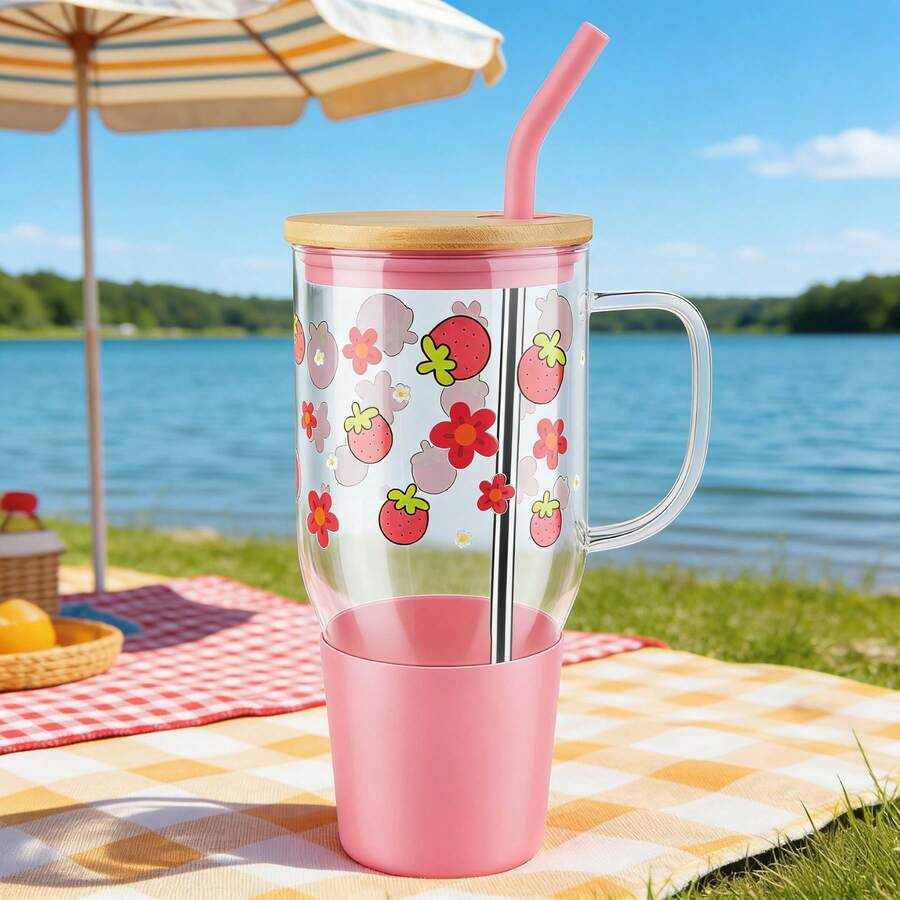 40oz Glass Tumbler With Lid And Straw, Cute Printed Summer Cup, Large Capacity Reusable Drink Mug For Iced Coffee, Cold Drinks, Water Bottle & Beach Party - 紫色 - 查看 1