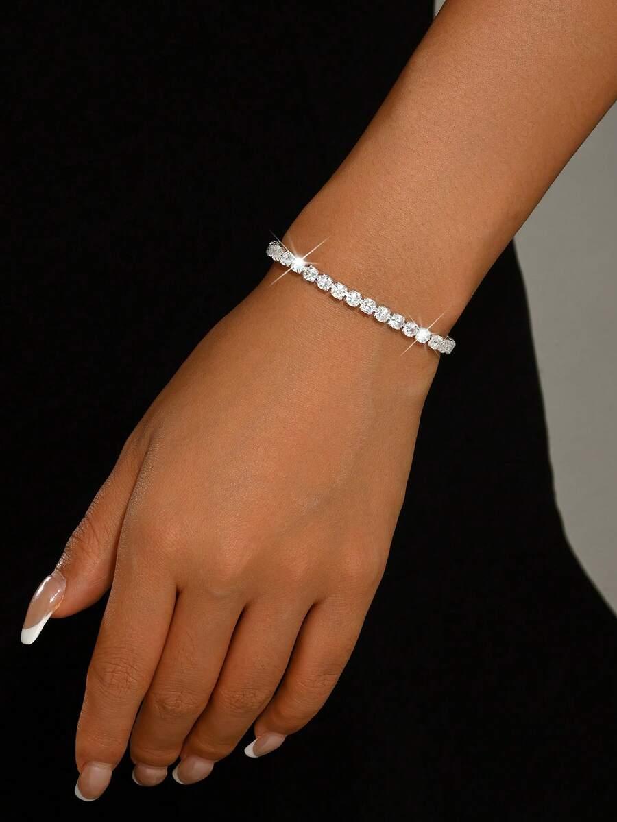 1pc Women's Tennis Bracelet, Single Row Sparkling Rhinestone Thin Chain, Stackable, Summer Daily Wear, Wedding Bridal Accessory - Multicolor - View 1