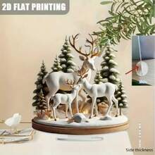 1pc 2D Acrylic Decorative Ornament, Elegant Deer Family, Peaceful Forest Snow Landscape, Perfect Holiday Decoration, With Base, No Power Required - A - View 5