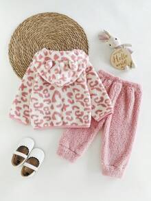Baby Girls Autumn Clothes 2-Piece Set, New Fall/Winter Fashion Versatile Cute Fleece Printed Leopard Print Fur Collar Jacket And Solid Color Long Pants, Suitable For Outdoor Wear - Pink - View 3