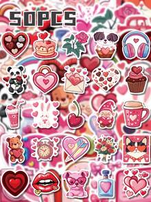 50 Peças Adesivos Decorativos de PP Vermelho para o Dia dos Namorados, Ilustrações Feitas à Mão de Corações, Caixas de Presente, Câmeras, Rosquinhas e Gatos, Para Colagem de Diário, Cartão Kuka, Garrafa de Água, Bagagem, Decoração DIY do Dia dos Namorados, Suprimentos Escolares, Volta às Aulas - Multicolorido - Visão 8