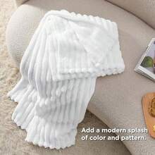 1pc Solid Color Striped Soft Warm Plush Blanket, Room Decor Multi-Functional Throw Blanket, Suitable For Bed, Sofa, Travel, Office, Bedroom Decoration Home Decor Autumn Decor All Season Use, Perfect Christmas And Halloween Gift For Friends And Family - Milky White - View 3