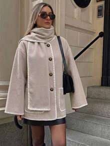 Women's Open Front Long Sleeve Cardigan With Pockets And Scarf, Contrast Houndstooth Design, Fashionable Polyester Fabric, Suitable For Autumn/Winter Wear - Light Gray Powder - View 1