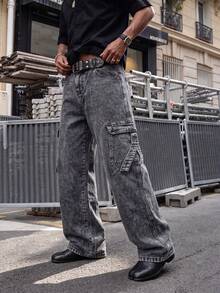 Charcoal Gray Snowflake Washed Denim Jeans For Men, Side Multi-Pocket Ribbon Buckle Decor Loose Straight Leg Denim Pants - Dark Grey - View 2