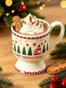 1pc Aesthetic Vintage Christmas Ceramic Mug, Retro Footed Hot Chocolate Coffee Cup With Tree & Reindeer Pattern, Festive Xmas Gift Drinkware - Christmas Ceramic Mug - View 11