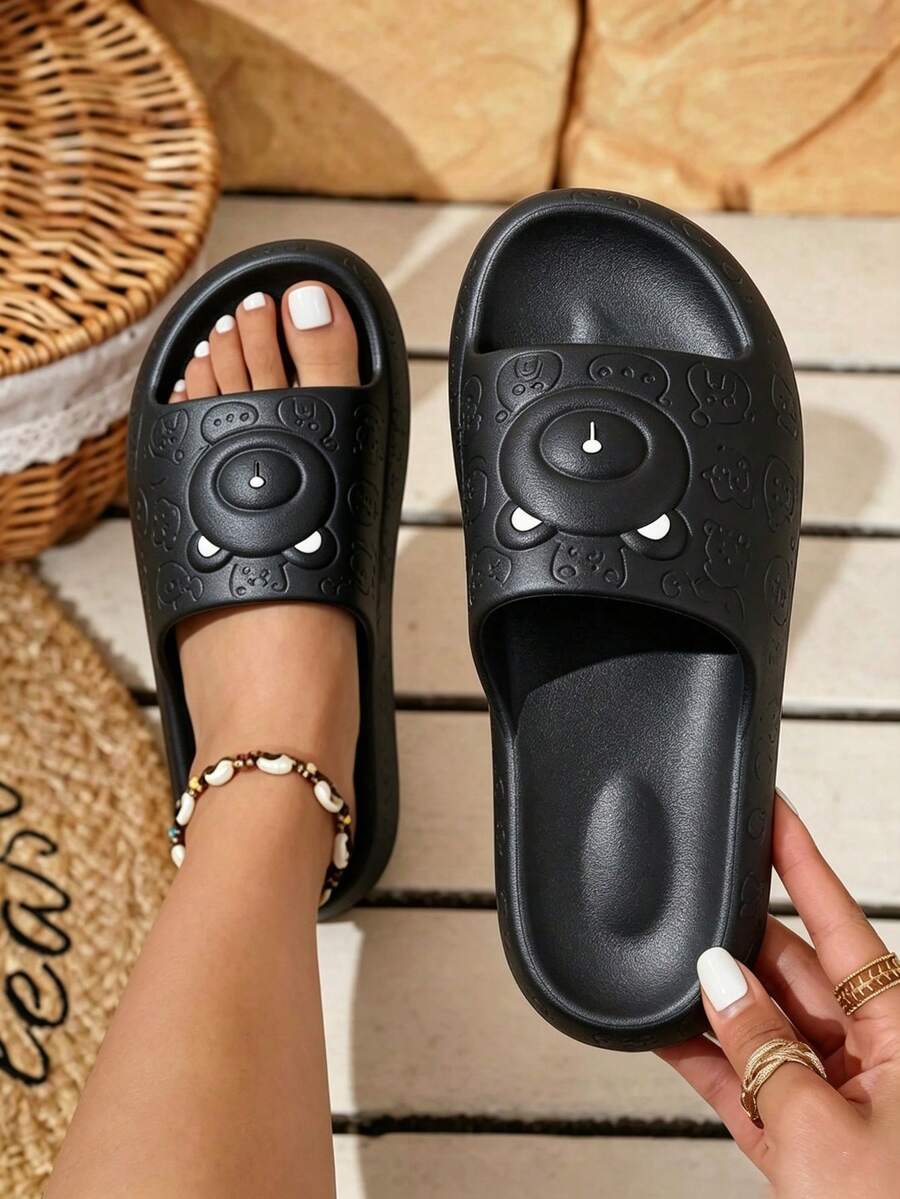 Versatile Cartoon Bear Home Slippers Family Style, One-Piece Molded Waterproof EVA Material, Easy To Clean, Non-Slip, Odorless, Suitable For Hotel, B&B, Guest Bathroom, Multi-Color Thick Sole New Design - Black - View 1