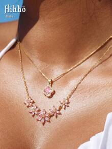 Hihho 2pcs/Set Pink Zirconia Flower & Lucky Four-Leaf Clover Layered Necklace Set, Dual-Color Options, Lightweight Luxury Niche Design, V-Shaped Collarbone Chain With White Zirconia Crushed Diamonds & Teardrop Zirconia Pendant, Inner Layer Simple Snake Chain With Round Pink Zirconia Four-Leaf Flower Pendant - Clavicle Chain - View 2