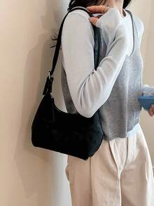 小眾設計紋理PU純色時尚極簡百搭柔軟女款迷你腋下肩背包手提包 - 黑色 - 查看 3