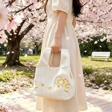 1pc Sanrio Hello Kitty Embroidered Corduroy Handbag, Cute Girl Mini Tote Bag For Daily Commute And Shopping, Christmas Halloween Birthday Gift - Multicolor - View 6