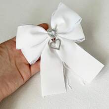 1PC Ribbon Lace Bow Tie, Heart-Shaped Crystal Pendant Rhinestone Decor, Beautiful And Sweet, For Clothing Decoration, Women's Dress/Shirt Collar, Preppy Halloween Decoration - White - View 5