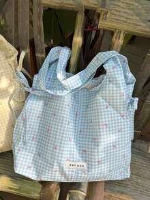 Japanese & Korean Style Niche Design INS Minimalist Fashion Plaid Fresh Bowknot Drawstring Shoulder Tote Bag For Commuting, Outings, Daily Shopping - Blue - View 3