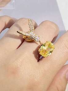 1pc Cute Cubic Zirconia Ring For Women, Wedding Engagement Party Jewelry, Valentine's Day Gift - Golden Yellow + Yellow - View 2