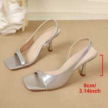Summer New Shiny Silver Square Toe Open Toe Sandals Minimalist Back Strap Stiletto High Heel Slingback Shoes Elegant Versatile Party Commute Fairy Shoes - Silver - View 6