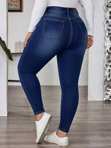 Curvy Size-Pantalones pitillo de mezclilla lavados con roturas, ajustados y elasticidad media - Azul lavado oscuro - Ver 3