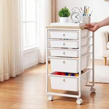 Rolling Cart With Drawers, 5 Drawer Storage Organizer, Mobile Utility Cart With Wood Top, Steel Frame, Universal Casters & 2 Bra - White - View 2