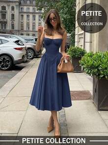 Soulscape Women's Petite Elegant Sexy Solid Color Spaghetti Strap Dress, Tailored Design Flatters Figure Summer - Navy Blue - View 2