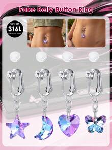 Fake Belly Piercing Butterfly Crystal Stone Fake Belly Ring For Women,Fake Belly Button Piercing Clip On Belly Button Rings,Fake Navel Non Piercing - Silver - View 2