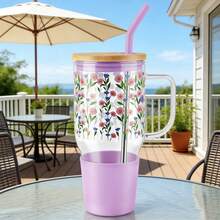 40oz Glass Tumbler With Lid And Straw, Cute Printed Summer Cup, Large Capacity Reusable Drink Mug For Iced Coffee, Cold Drinks, Water Bottle & Beach Party - 紫色 - 查看 2