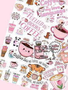 50pcs Fun Coffee Stickers, Pink Cartoon Doodle DIY Notebook Diary Stationery Bottle Stickers, Student Gift - Multicolor - View 9