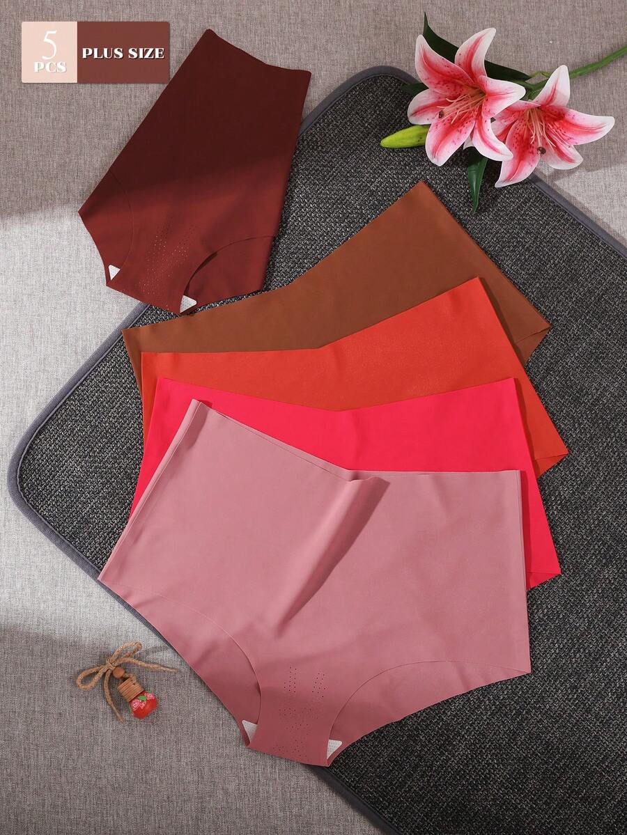 5pcs/Pack Plus Size Warm Red Micro-Perforated Seamless Women's Triangle Panties, Tight Fit Invisible No-Trace, Breathable For Long Sitting, Commute And Home Wear, Versatile Seamless Underwear - Multicolor - View 1