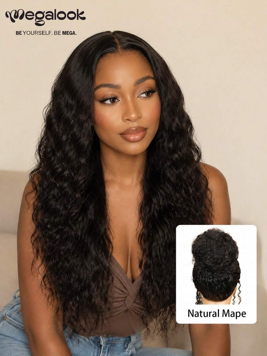 MEGALOOK All In 1 3D Lace Half Wig Bohemian Curly Wig With Drawstring 100% Human Hair Glueless Wigs Invisible Hairline Human Hair Wigs Natural Color For Beginners Vacation Hair - SNatural - View 1