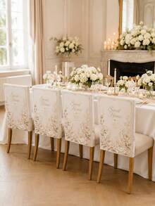 1pc/4pcs/6pcs Ivory Blush Floral Wedding Chair Back Covers, Elegant Polyester Rectangular Dining Chair Covers With Sweet Home Quotes, Rose, Peony, Baby's Breath Patterns And Fancy Borders, Suitable For Reception, Banquet, Ceremony, Bridal Shower And Party Decoration - B - View 7