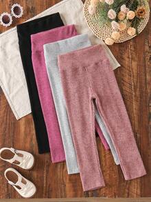 4pcs Girls Casual Solid Color Versatile Comfortable Elastic Leggings, Outdoor Autumn/Winter - Multicolor - View 1